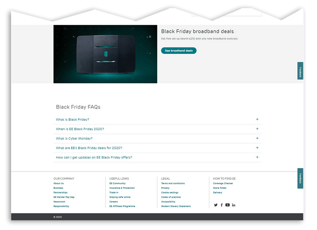 The bottom portion of the EE Black Friday Sale page with FAQs in place.