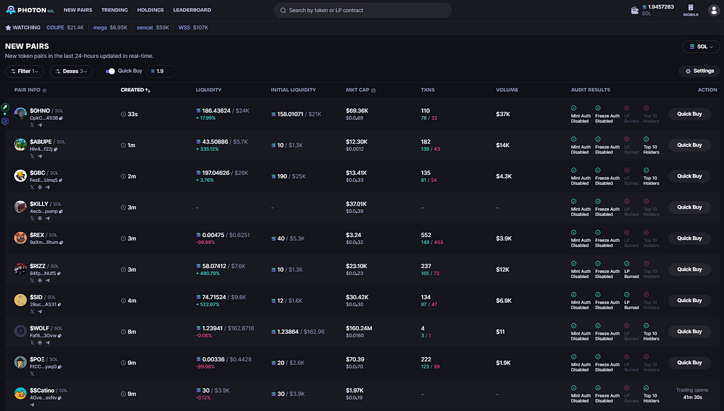 Photon trading bot on solana for memecoins