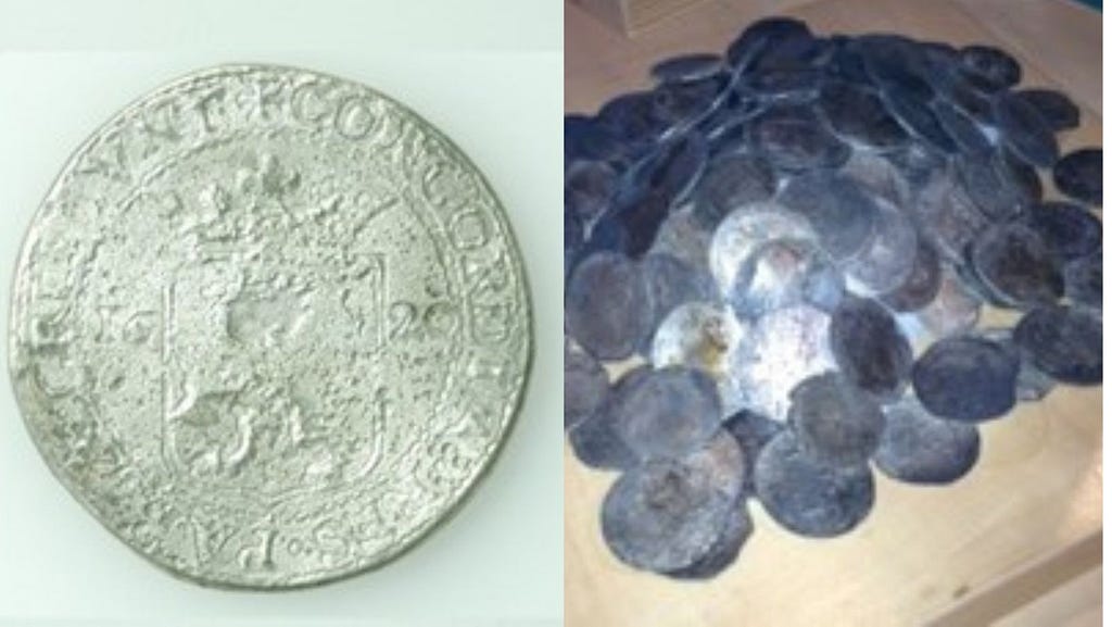 Images of silver coins from the shipwrecks A single silver coin from the Gilt Dragon and a handful of coins from the Rapid. All are on display at the WA Museum.
