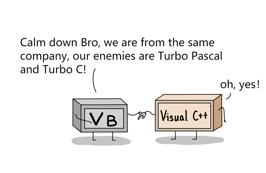 VB — calm down, bro. we’re from the same company. our enemies are Turbo Pascal and Turbo C.
 Visual C++ — Oh, yes!
 They’re holding hands.