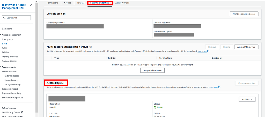 The “Security credentials” screen on the AWS IAM console with the “Security credentials” tab name highlighted showing where we are and the “Access keys” section title highlighted.