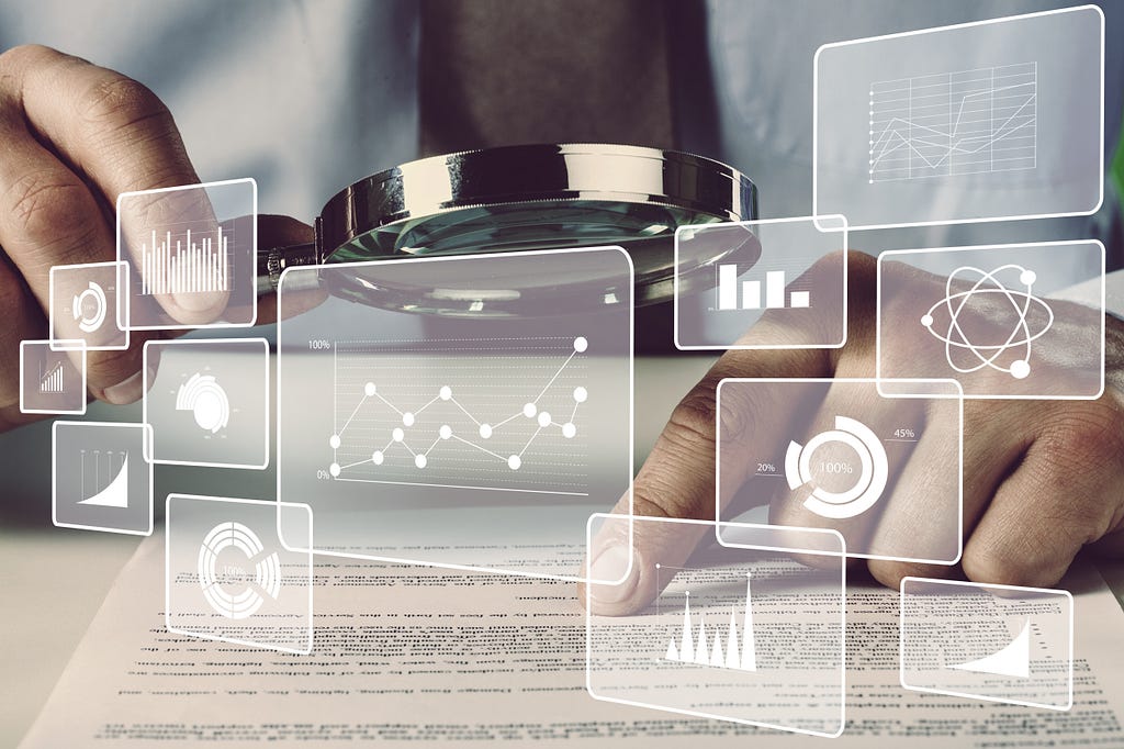 An image of a business person carefully reviewing a document, with graphics representing data and insights (such as charts and graphs and other information) emerging from the document.