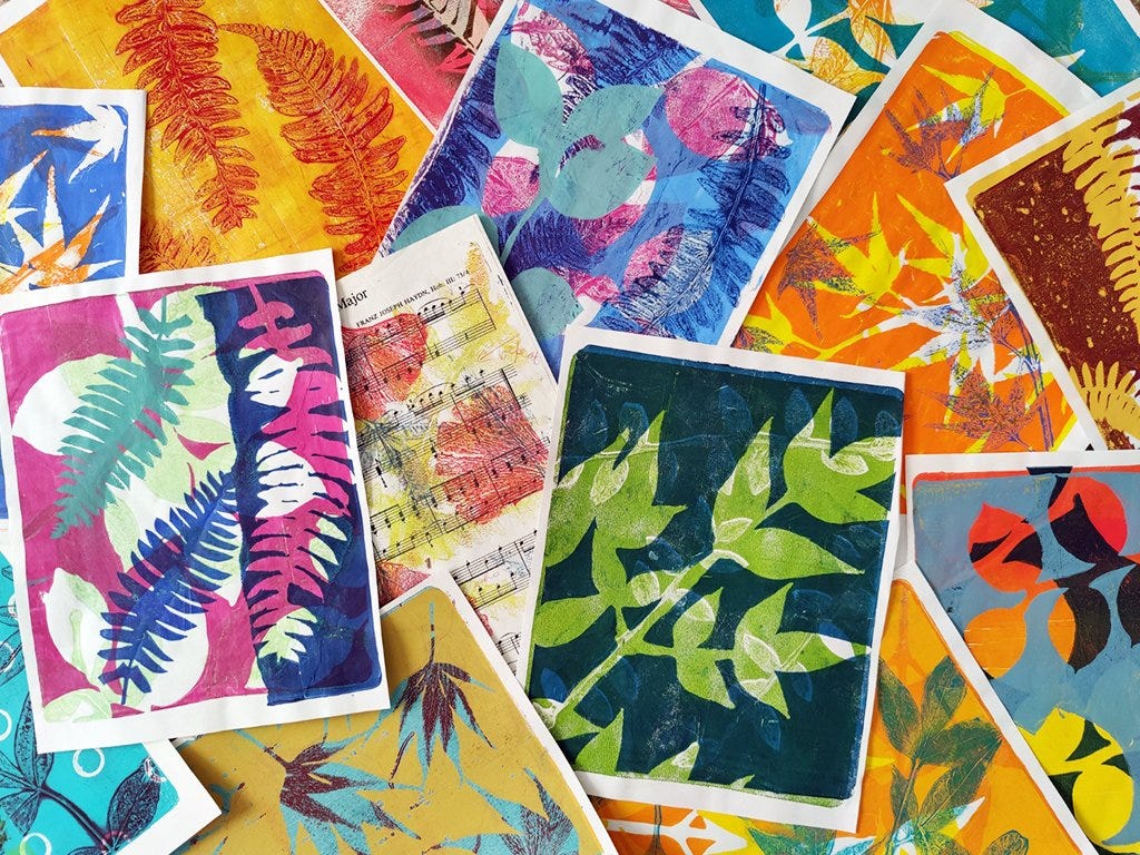 Colorful artistic prints showcasing vibrant leaf patterns on various backgrounds. The collage conveys a lively, creative, and eclectic atmosphere.