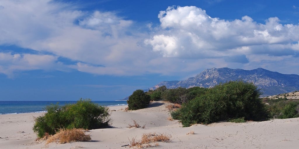 Gorgeous sandy beaches in Patara today. Today a habitat of the Caretta caretta —Lloggerhead turtle; a species that is a symbol of the Mediterranean and the Greek seas.