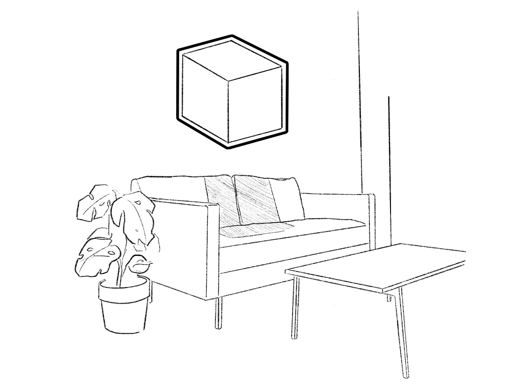 Sketch of a cube floating in a room. There is a dark outline around the cube distinguishing it from the rest of the room