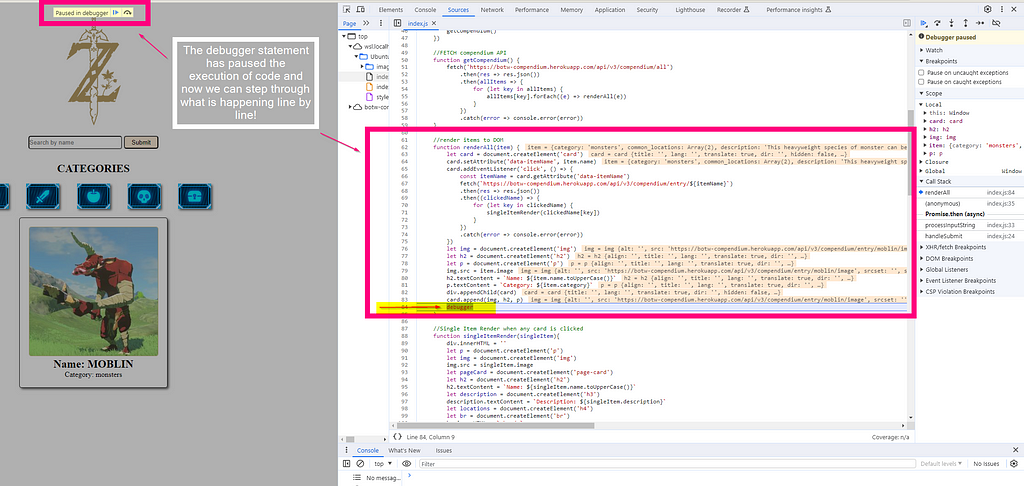 `debugger` in action within a browser dev tool