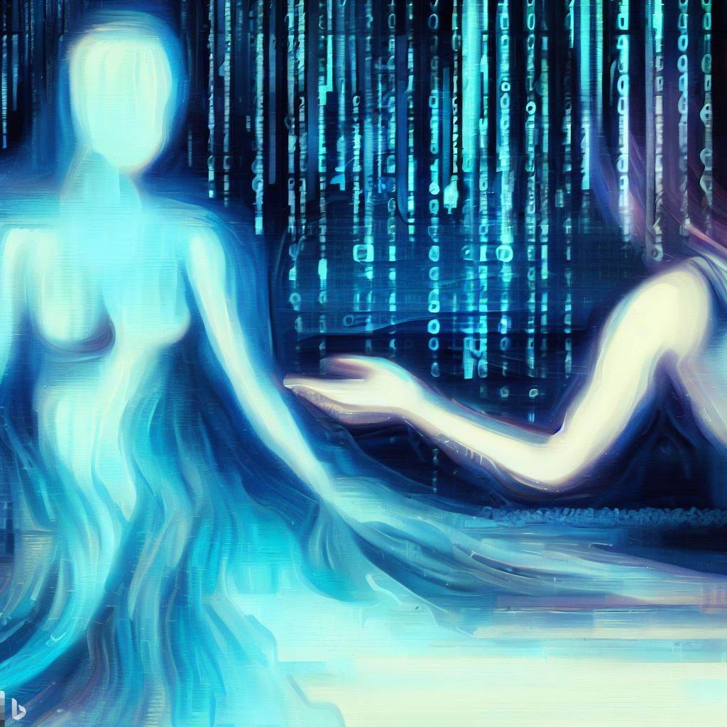 Oil painting-style digital image of a woman reaching out to an ethereal humanoid figure within streams of data.
