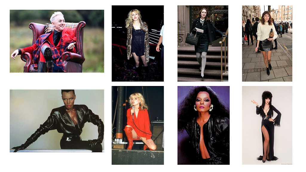 A collage of eight fashion images featuring different iconic styles: Top left: A person with short silver hair, seated in a large armchair, wearing a red and black plaid suit with a red shirt and black tie. Top center left: A person with wavy blonde hair in a black lace dress, leopard print coat, and fishnet stockings. Top center right: A person with long dark hair, wearing a black skirt suit with a white shirt and black tie, carrying a handbag. Top right: A person with medium-length brown hair