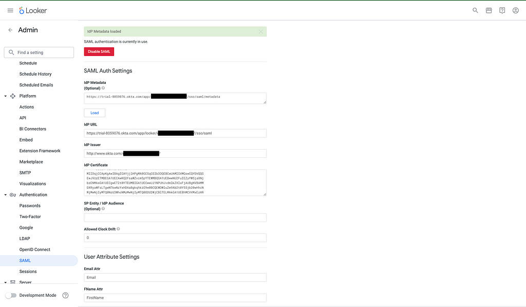 Looker Admin SAML Settings