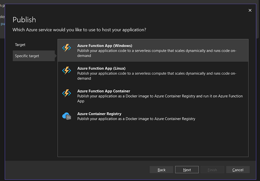 Visual Studio screenshot showing image containing selection of specific target once user clicks on next after selecting target