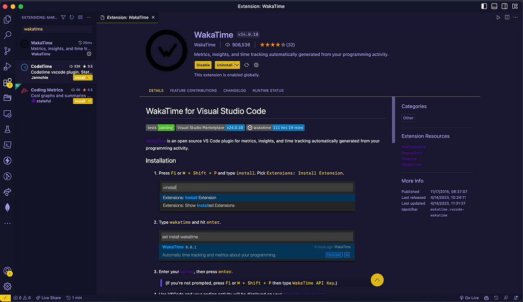 WakaTime Visual Studio Code Extension