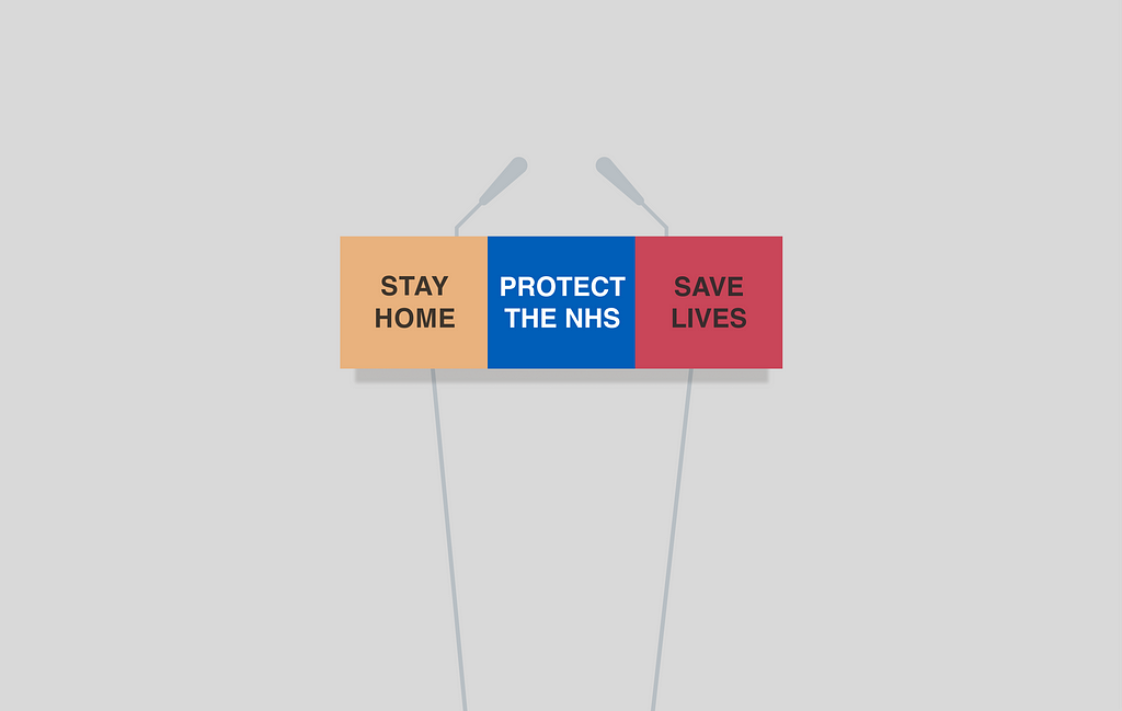 An illustration of a podium placard reading “Stay home, Protect the NHS, Save Lives”. Text is all caps and large.