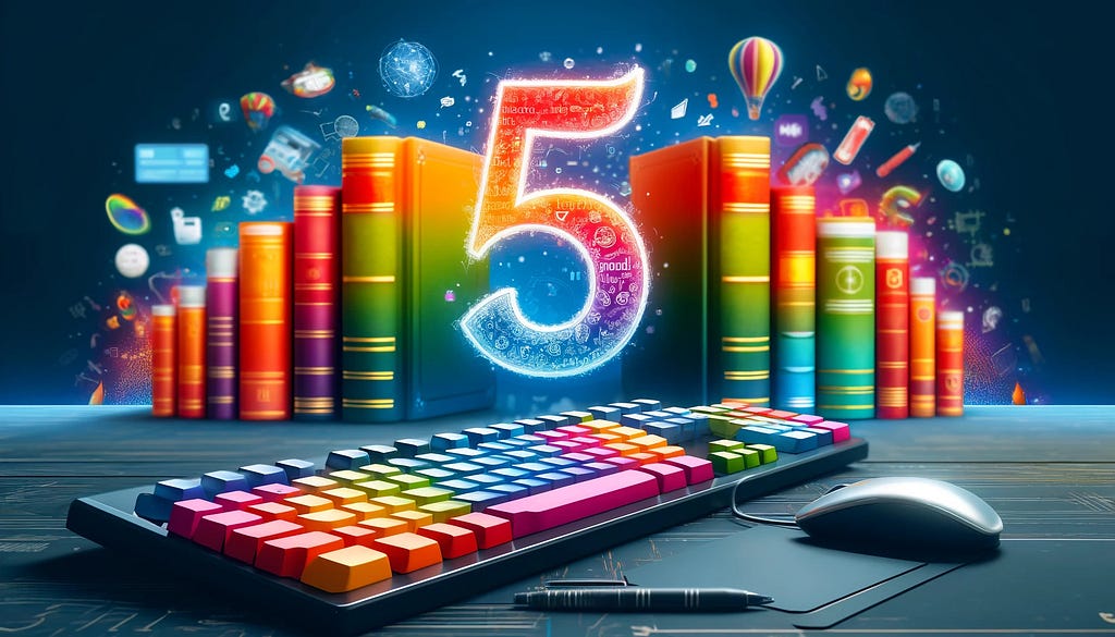 Colorful keyboard with books in the background and a large number 5.
