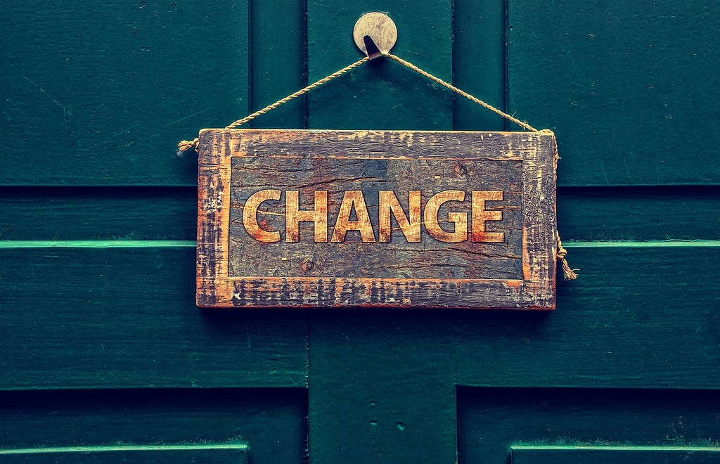 A door with a sign on it with the word ‘change’