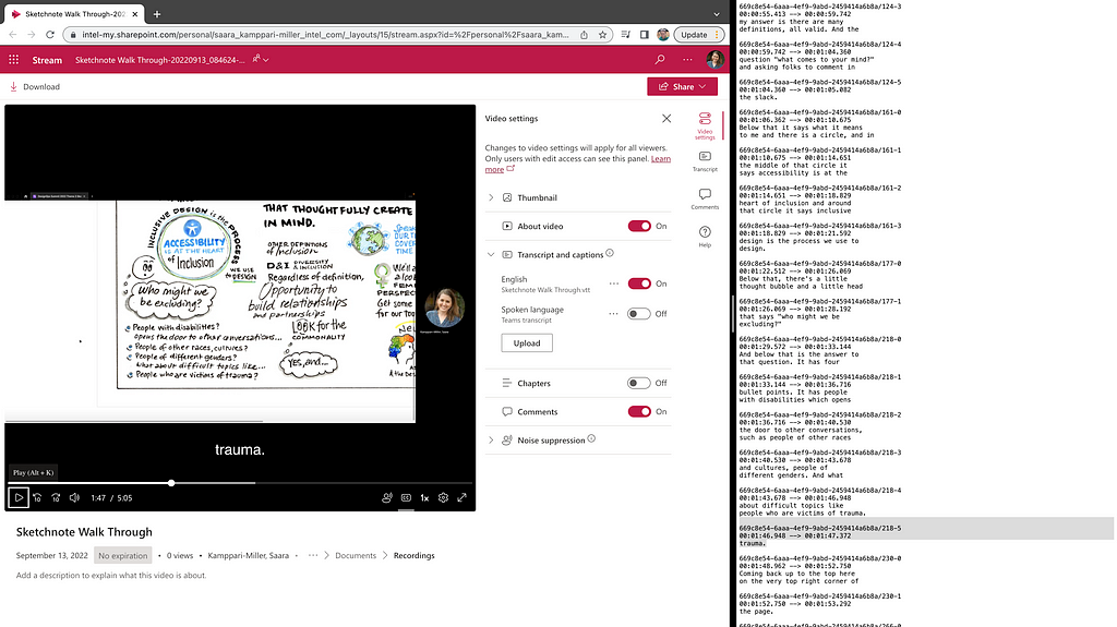 Screenshot of the video player showing “trauma” as a single word caption, and the text editor for the transcript highlighting that single word caption ready to delete, since the word trauma was added to the caption above.