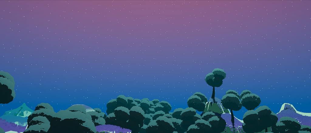 the skybox in game, stars on a gradient sky behind a landscape of trees