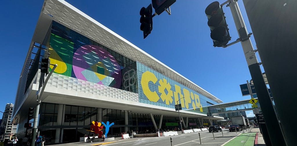 The Moscone Center in San Francisco, prominently adorned with vibrant Config 2024 branding and event signage.