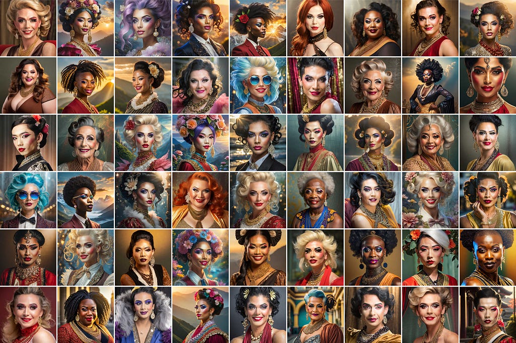 A grid of generative AI images of drag queens, 9 across and 6 down, of all ages and ethnicities.