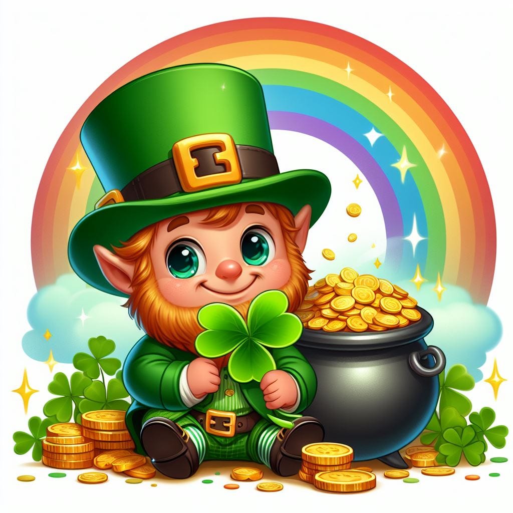 Lucky as lepricorn — The luck of the Irish portrayed by the little lucky irish figure of the lepricorn at the end of the rainbow with a pot of gold