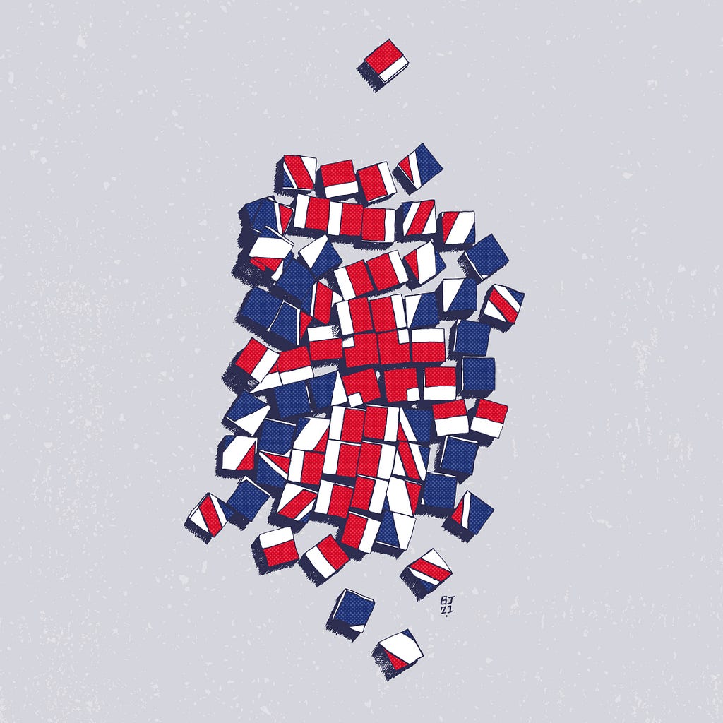 United Kingdom flag— colourful print based upon a sculpture I created using tiles to represent different parts of the country. The initial idea was to show the fractured but at the same time, united identity that makes the UK.
