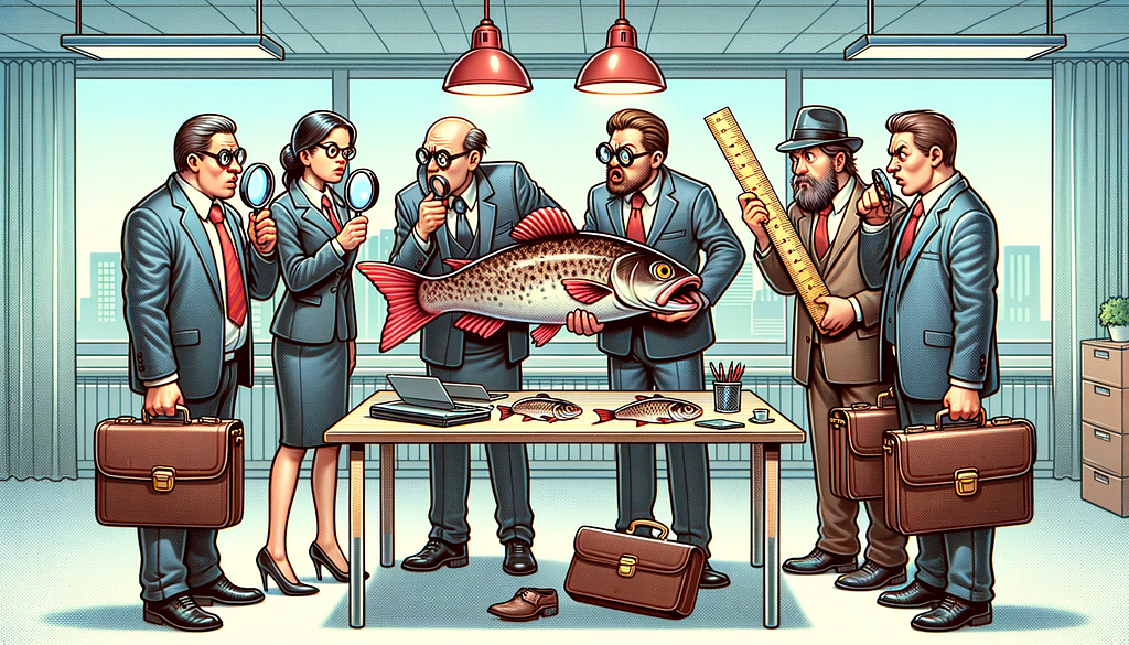 Funny illustration in an office setting where salespersons, with briefcases and formal attire, are in a heated discussion over the size of the fish they’re holding. Some use magnifying glasses, while others use rulers, all in the quest to claim bragging rights for the largest catch.