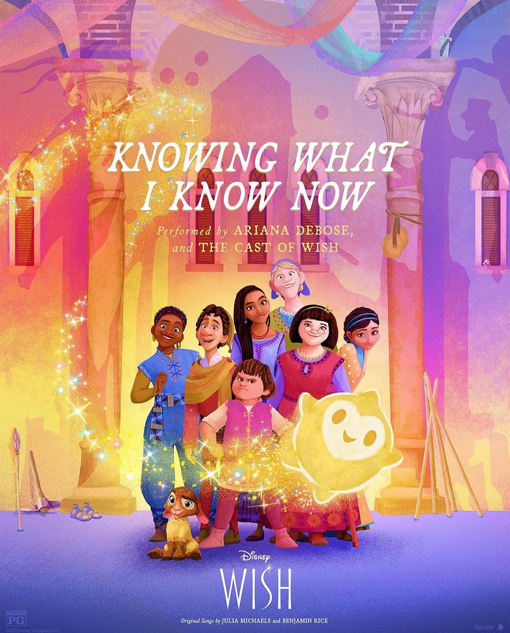 Artwork featuring Asha, Star, Valentino, and 6 other villagers on a whimsical castle background advertising “Knowing What I Know Now,” an original song from Disney’s “Wish” movie.