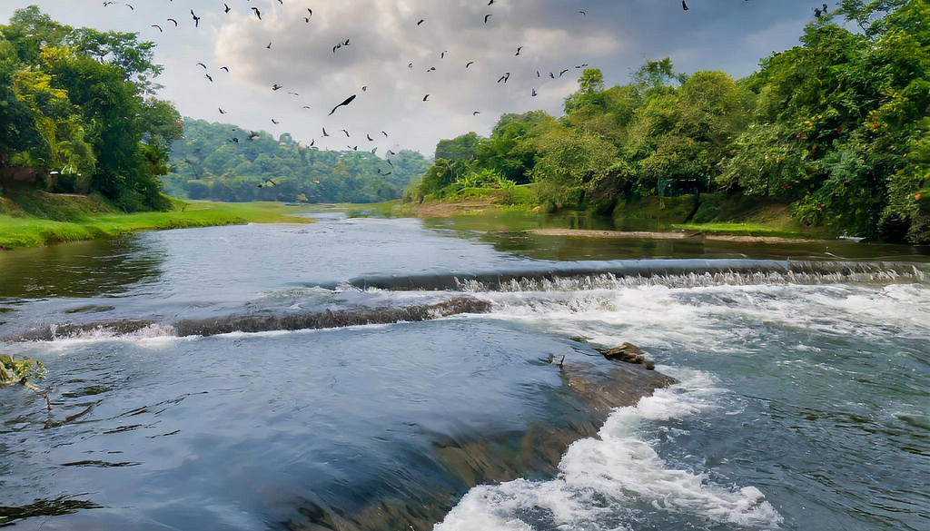 Adobe Firefly Image Prompt: a beautiful river flowing downstream with birds flying