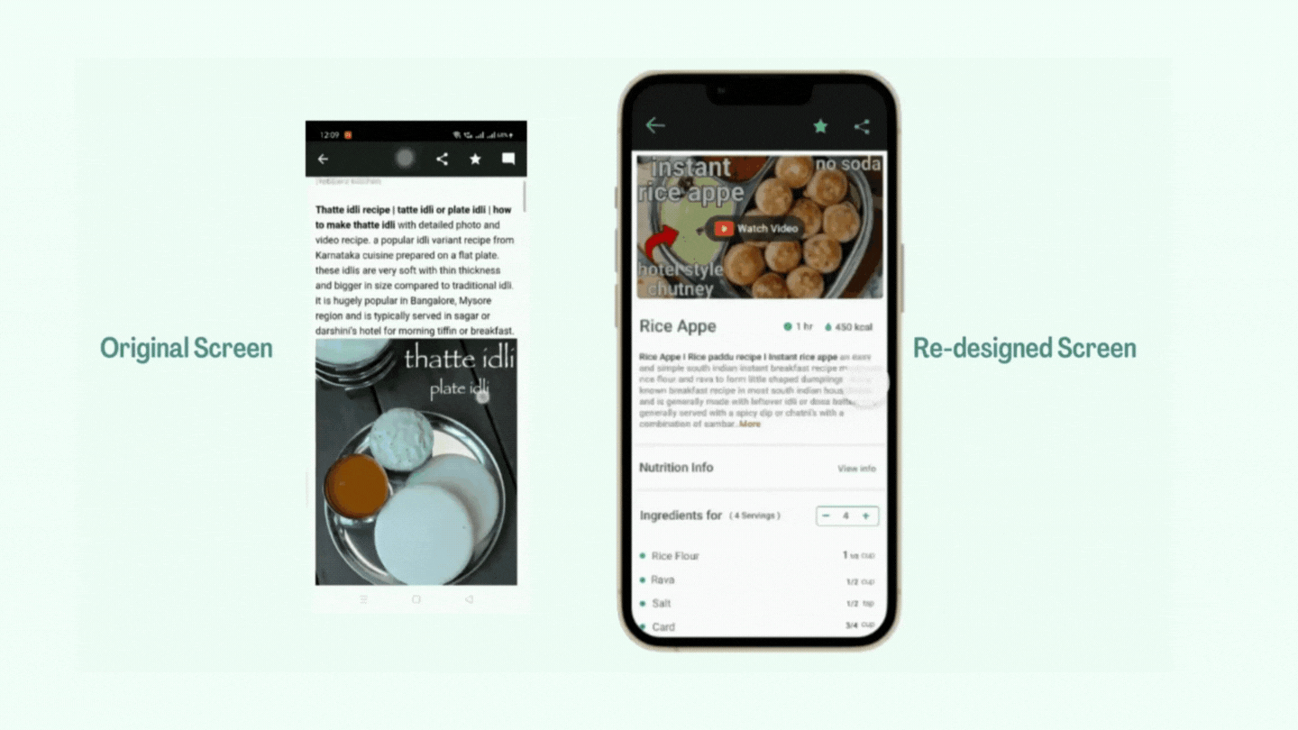 This GIF contains two screens that are original and redesigned recipe screen.