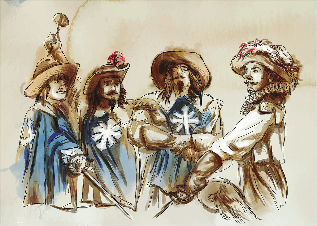 The Three Musketeers. An hand drawn illustration.