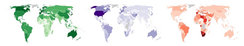 Three world choropleth maps showing three different datasets.