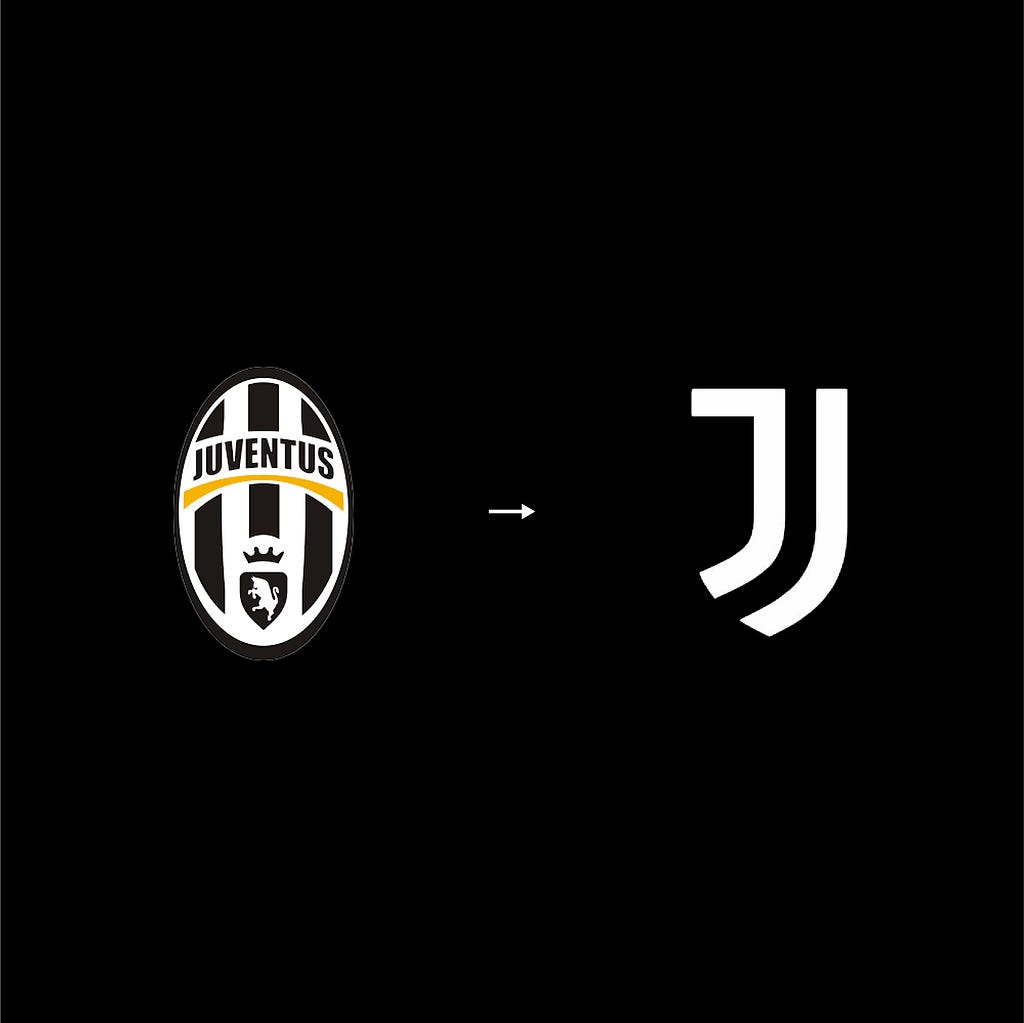 Juventus logo with bull and arrow indicating the switch to a minimal “J” monogram