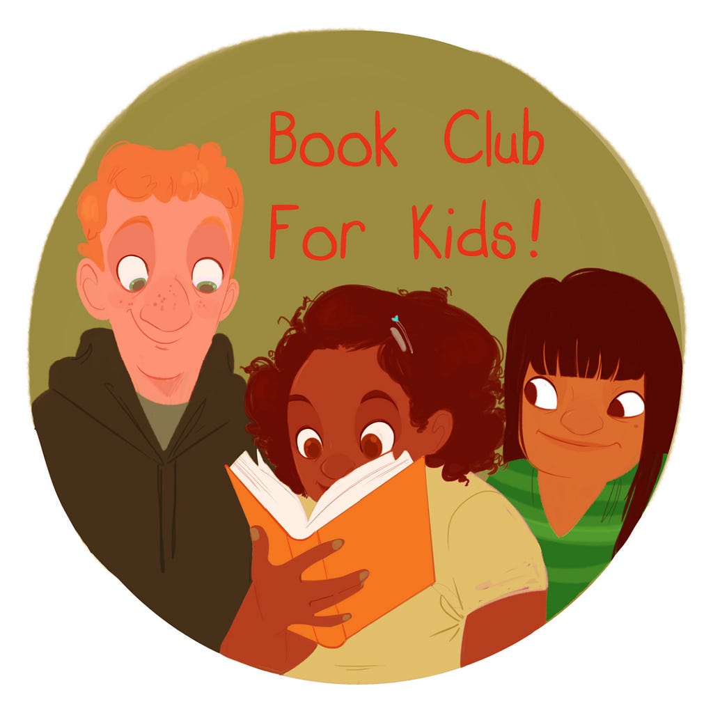 Book Club for Kids podcast art shows illustration of a youth holding a book and two other youth next to them. All of their eyes are looking at the book.