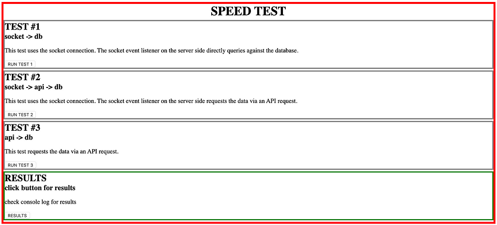 Picture showing the layout of the website. 4 buttons, 3 for the methods, 1 for the results.