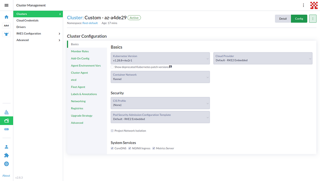 Screenshot of the cluster detail page in Rancher 2.8