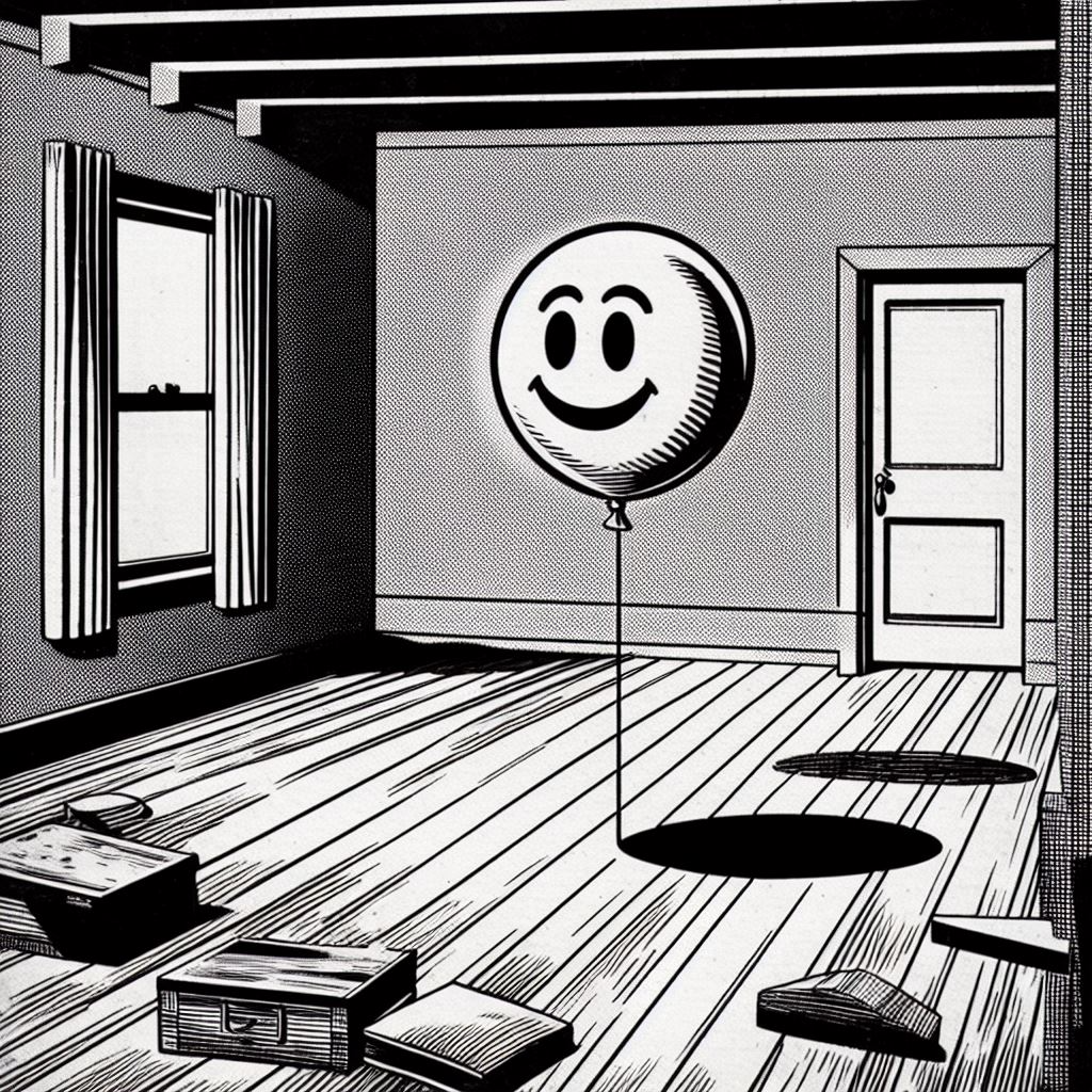 Un globo de emoji flota en la soledad de una habitación vacía, evocando la nostalgia.