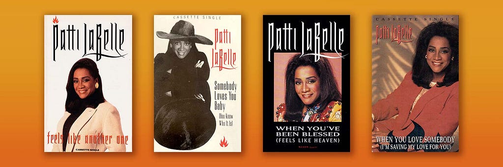Cover artwork for the 4 cassette singles released from Burnin’: “Feels Like Another One,” “Somebody Loves You Baby,” “When You’ve Been Blessed,” and “When You Love Somebody” set against an orange-to-red gradient background.