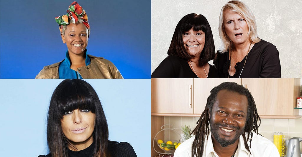 Gemma Cairney, French & Saunders, Levi Roots, Claudia Winkleman (clockwise from top left) — celebrities who have recently presented on Listen’s podcasts