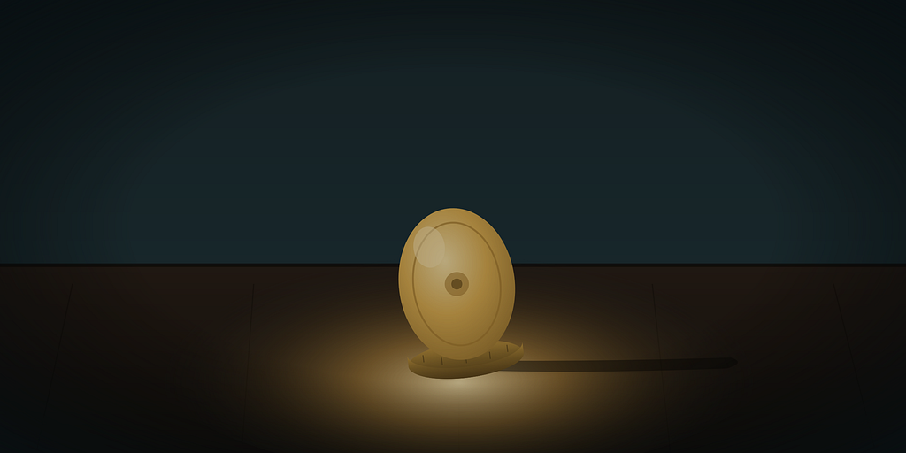 A single coin standing on its edge on an empty table, casting a long shadow.