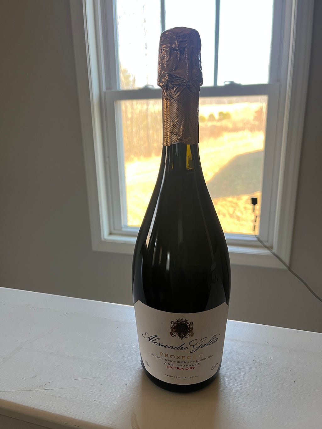 A bottle of Prosecco sits in front of a window