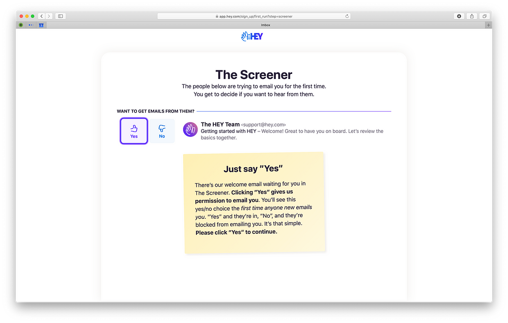 Screenshot of the "Screener", where you screens in or out your incoming emails.