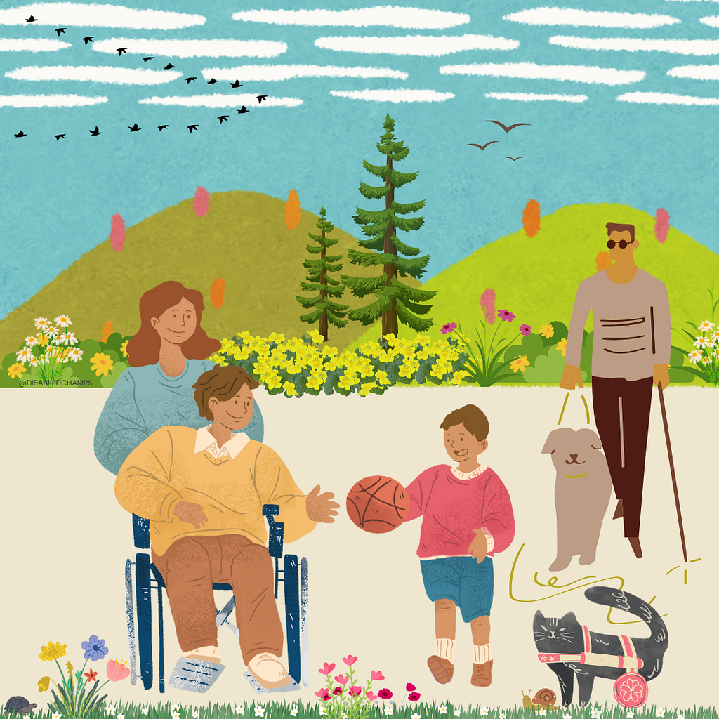 A blind person with a walking stick walking his blind dog in a park with a person in a wheelchair passing a basketball to a kid and a carer, a disabled cat walking alongside a snail, a tortoise at the other end, birds flying in the sky, mountains across, trees and flowers in the background, grass and flowers on the ground.