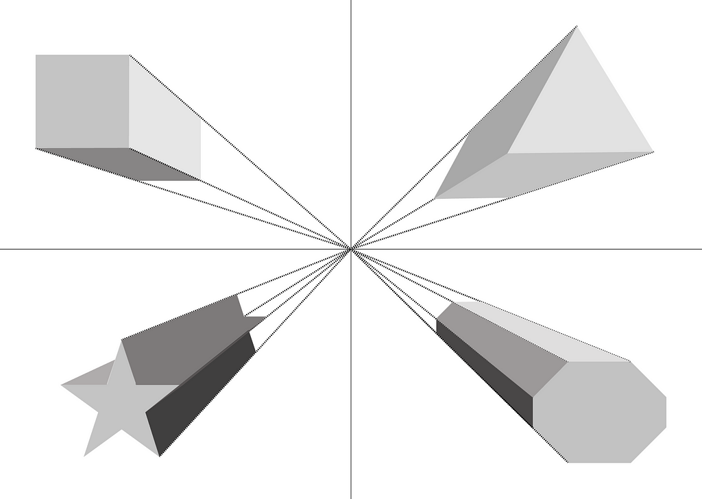 4 examples of one point perspective with 4 different shapes.(square, triangle, star, octagon)