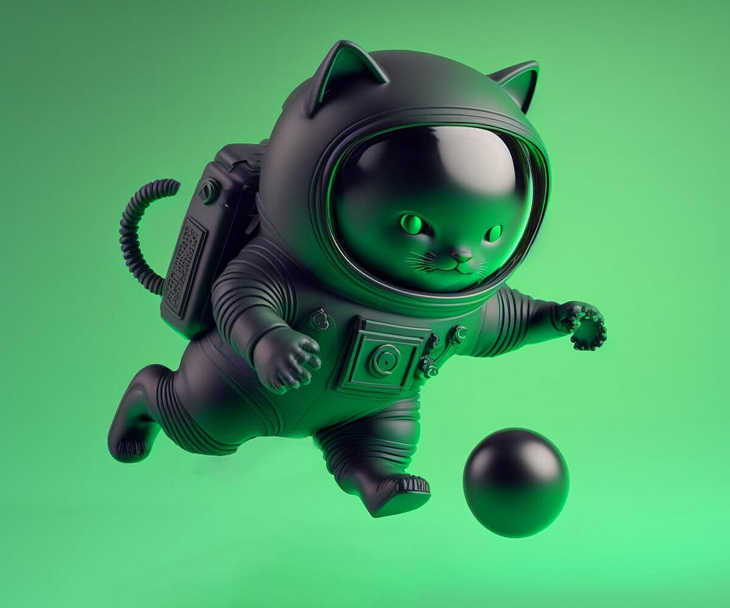 A 3D black cat in a black spacesuit chasing a black ball.