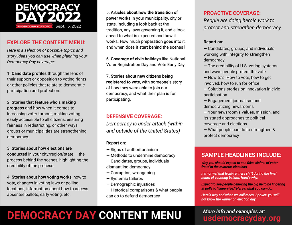 A Democracy Day content menu with a series of possibly story ideas, sample headlines, and tips on how partners can make their coverage more accessible and actionable when they publish. You can read the plain text version of the content menu at https://collaborativejournalism.org/democracyday/participate/.