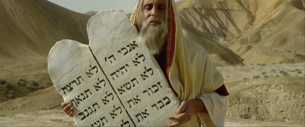 A reproduction of Moses descending from Mount Sinai with the Ten Commandments. The picture was taken from the satirical show ‘The Jews are coming,’ Moses is played by Yaniv Biton for Kan11