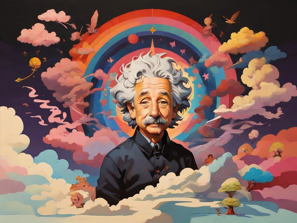 A drawing of Albert Einstein with a colorful and psychedelic background