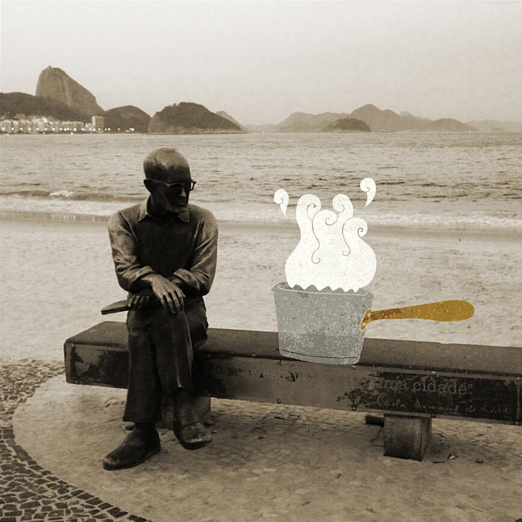 montagem de estátua do Carlos Drummond de Andrade sentado num banco à beira da praia no Rio de Janeiro e uma panela.