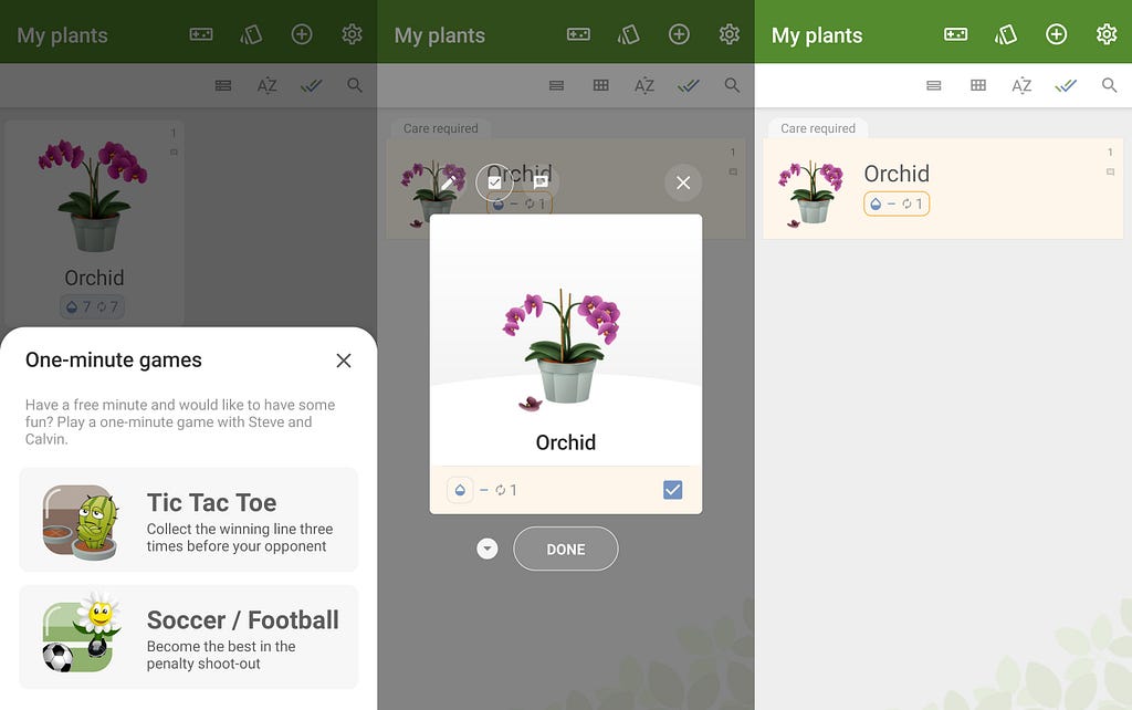 Screenshots from the plant care app Plant Care Reminder