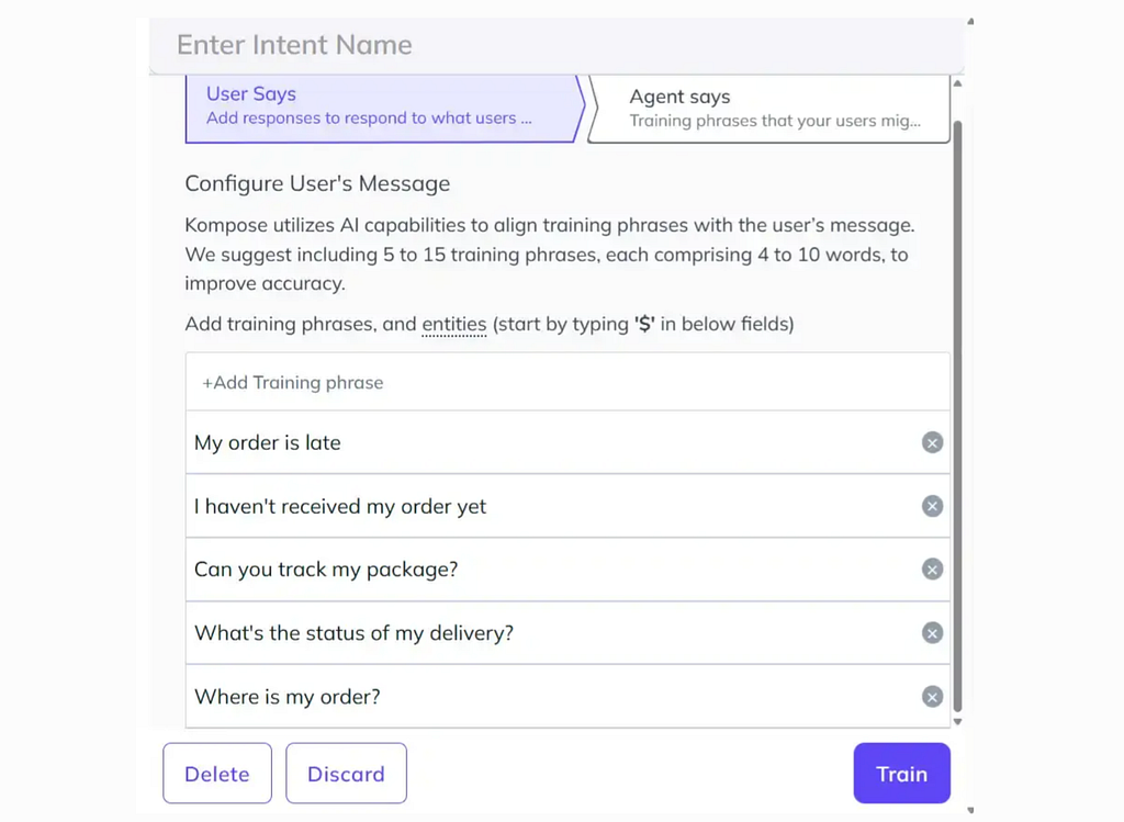Set up intent with User Says and Agent Says function