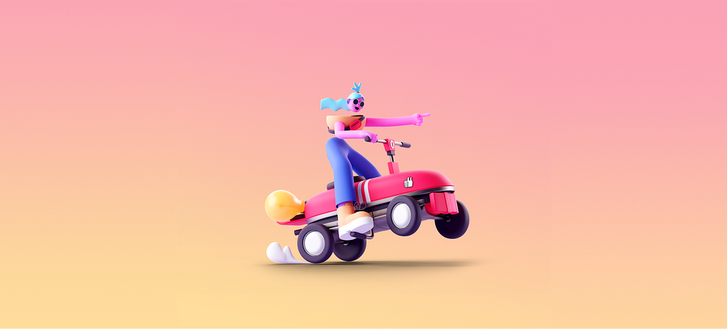 An illustration that show a 3D character riding a car
